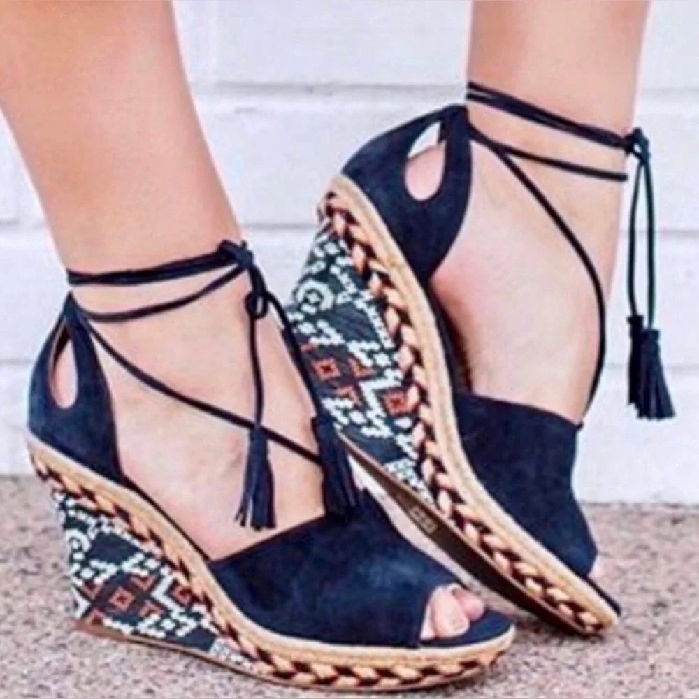 CAbi Isla Espadrille Wedge Suede Tassel Tie Sandal